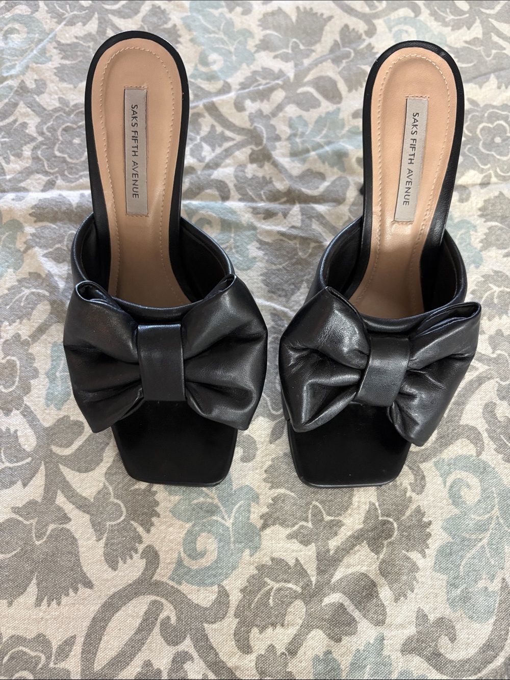 Saks Fifth Avenue Black Leather Bow Slide Mules